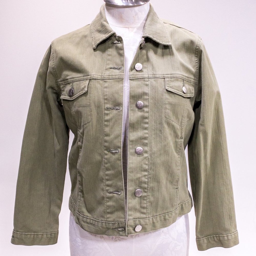 Vintage 90s Y2K Anthropologie S Cotton Jean Jacket Light Green Tan Grey - Picture 14 of 14
